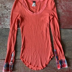 Free People Thermal Shirt with Plaid Cuffs /Rust-Orange / Size S